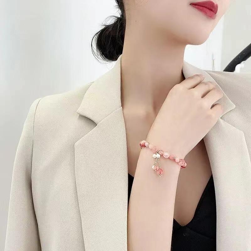Romantic Pink Crystal Stone Bracelet Strand Bracelets For Women Charming Imitation Pearl Drop Bracelet For Picnics Party