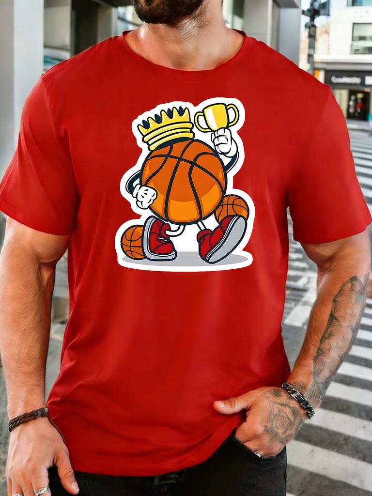 Trendy Unisexs Cotton Tshirt King Basketball Character With Trophy Graphic Short Sleeve Crew Neck Loose Sports Travel Casual Wear