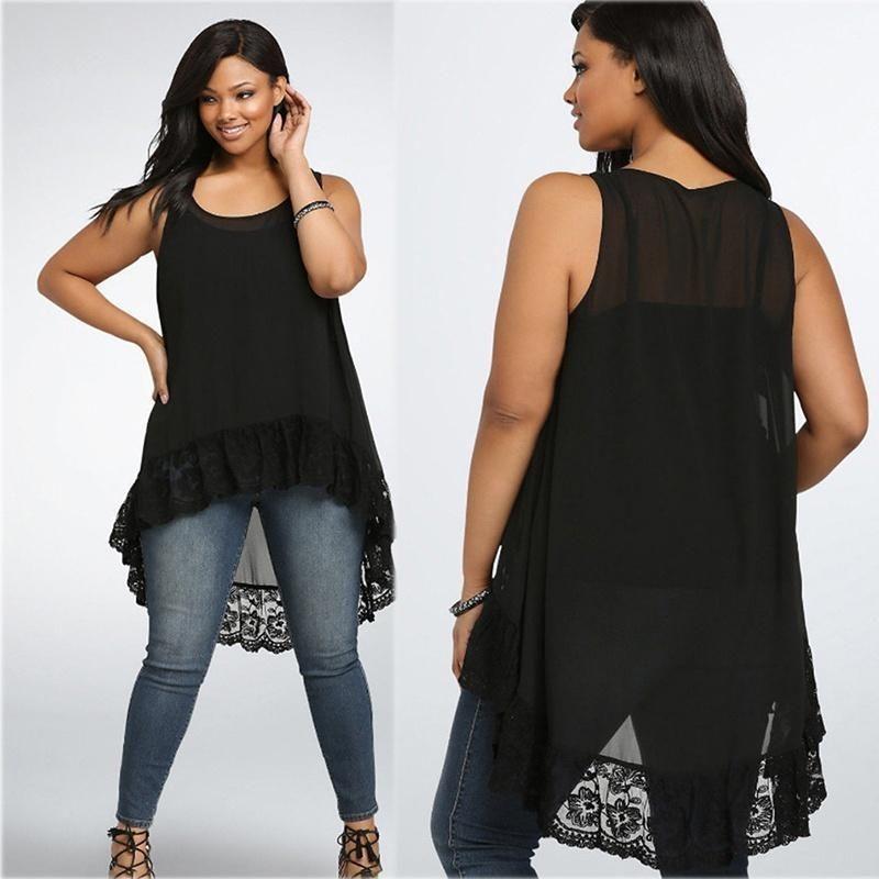 

Lace Women Solid Floral Plus Size Asymmetric Blouse Dress Sleeveless Oneck Like the picture,3XL