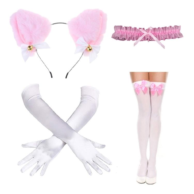 Catgirl Dress Up Cosplay Set With Cats Ear Headband Lace Collar Necklace Gloves and Sock for Women Girls Cosplay Party