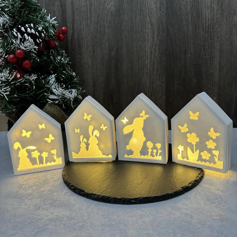 A Top Quality Hollow Bunny Rabbit House Decoration Silicone Mold Easter House Light Strings Holder Plaster Mold Handmade Decor