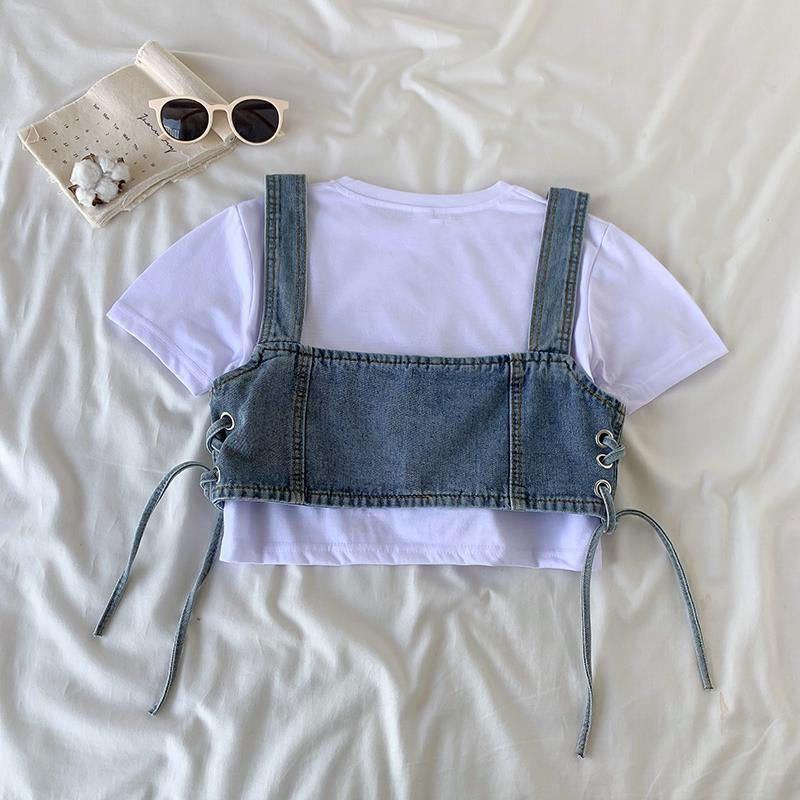 Stylish Vest Elegance Fashion Casual Tie Slim Short Section Outwear Denim Camisole Female Design Single-breasted Stacked Small Undershirt Female