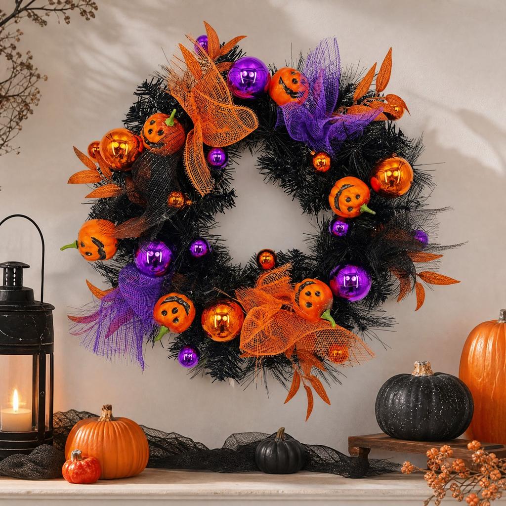 Pumpkin Face Halloween Wreath for Front Door Decor, Unlit