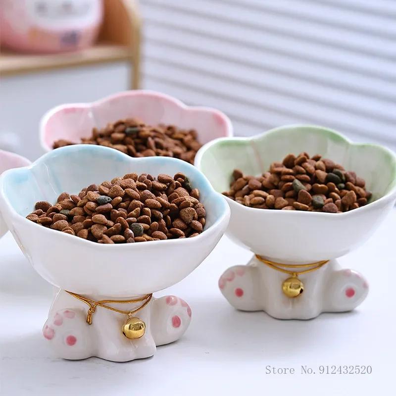 Ceramic Cute Flowers Cats and Dogs Bowls, High-Foot Protection, Cervical Spine, Food Basin, Drinking Cat Bowl, Pet Products, 1Pc