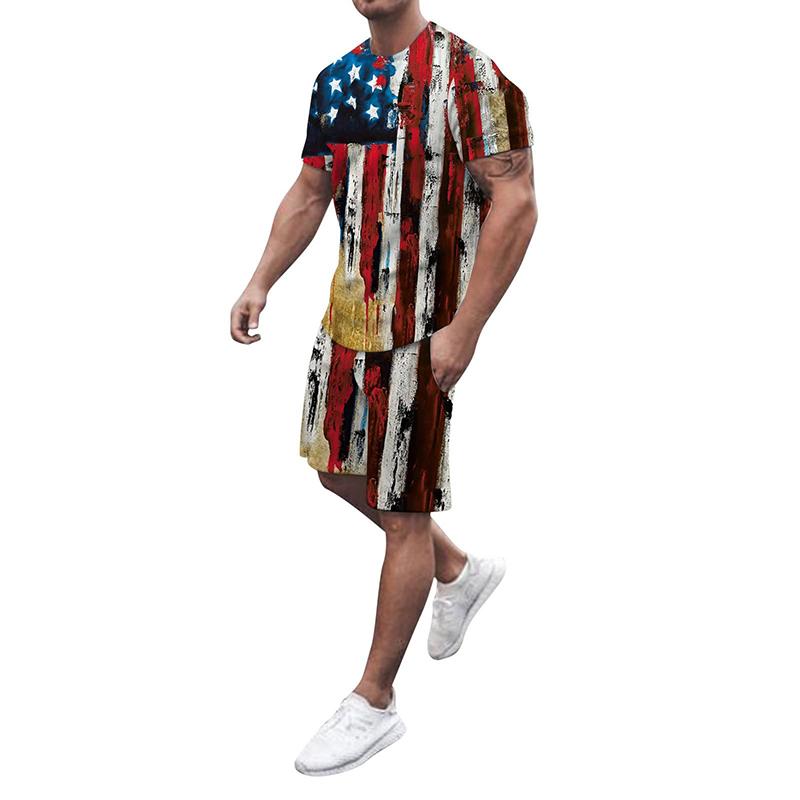 Pánské sady triček USA Americká vlajka 3D tisk Teplákové soupravy Trička Šortky 2 kusy Streetwear Pánské oversized obleky Sportovní oblečení