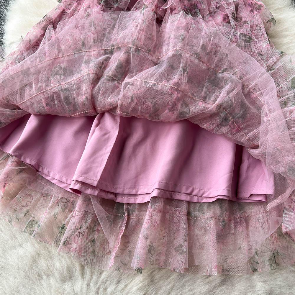 Été doux filles perles perles broderie robe de fleur femmes manches bouffantes impression maille dentelle couche gâteau en cascade robe de bal robes de soirée