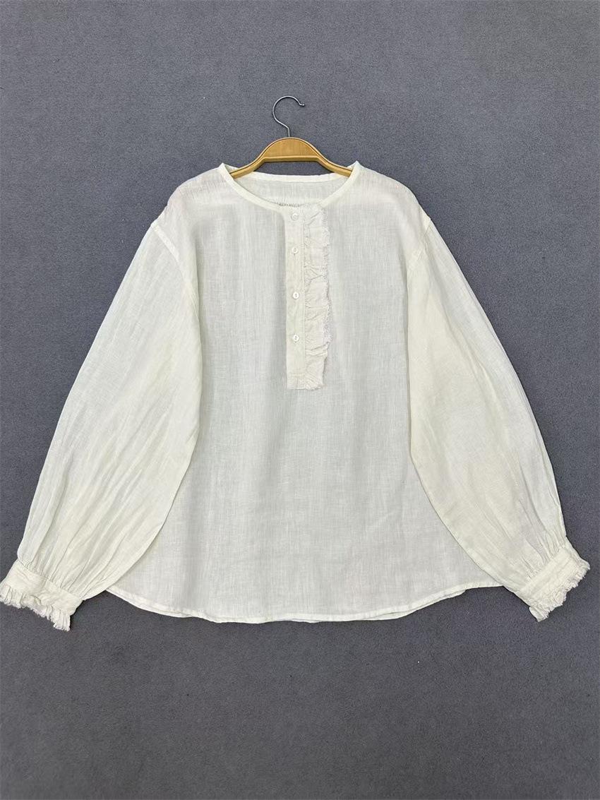 

Johnature French Vintage Patchwork Ruffle Edge Round Neck Shirt For Women Casual Versatile Loose Vacation Blouses One Size белый