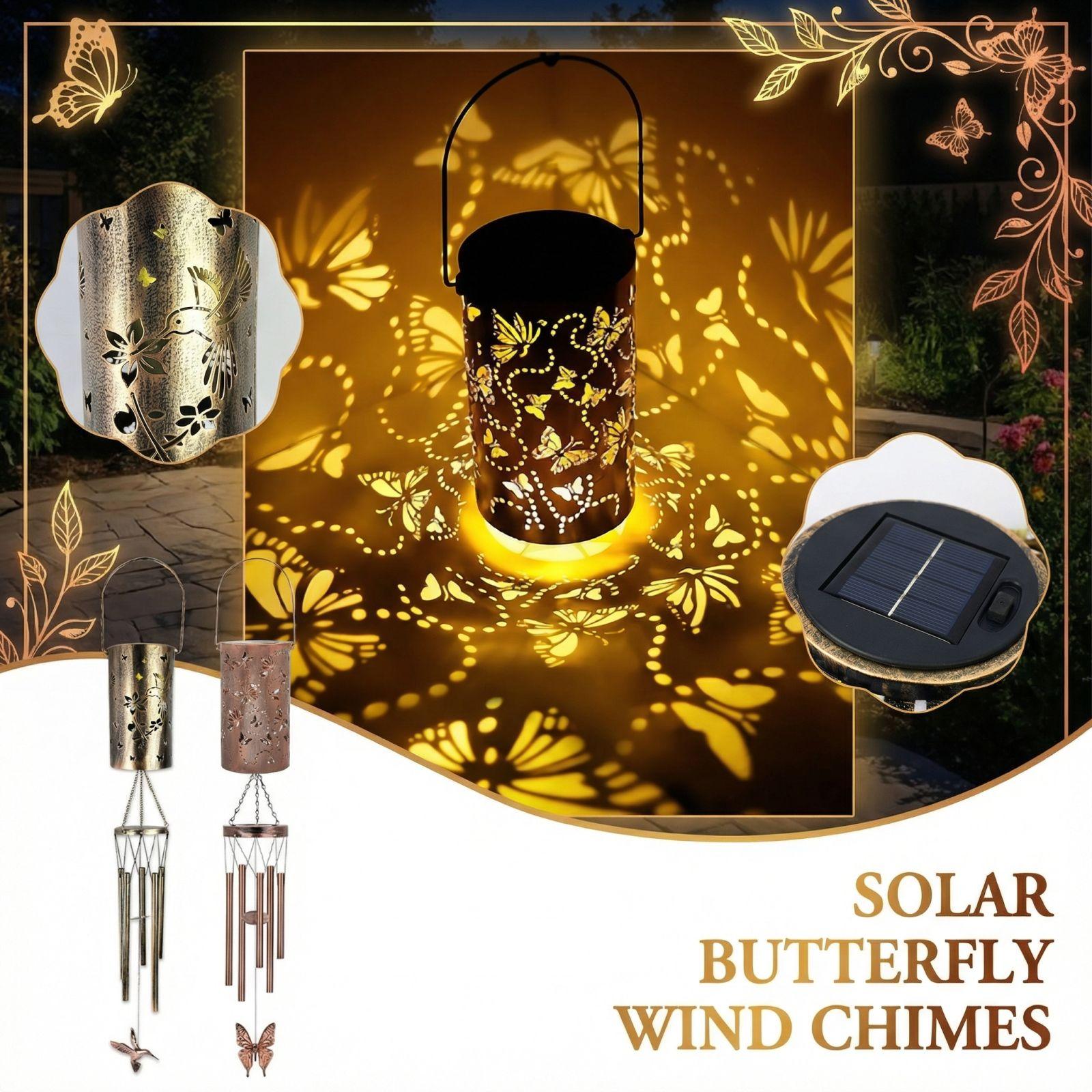 Solar Powered Energy Saving Butterfly Wind Chime Lamp, European Wrought Iron Hollow Pendant One Size