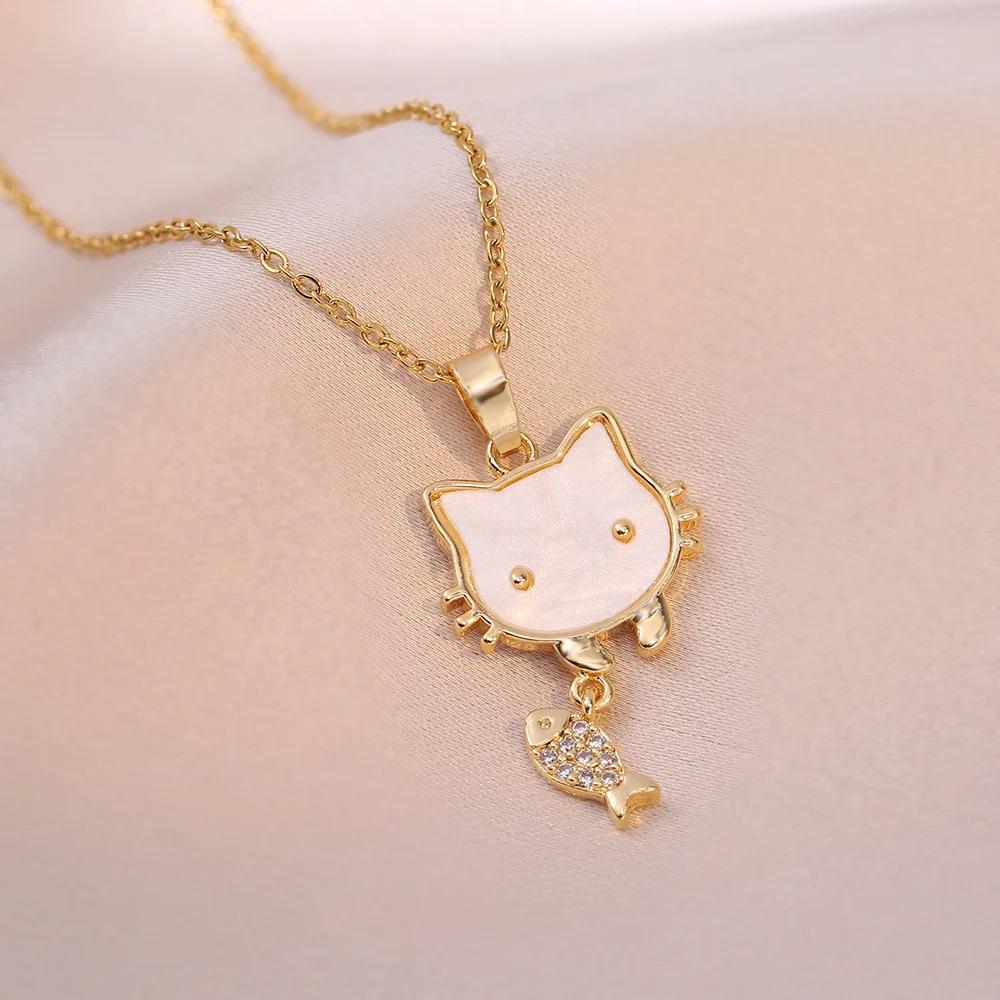 Cartoon Cute Shell Zircon Kitten Fishing Pendant Necklaces for Women Stainless Steel Chain Cat Accessories Gifts for Friends