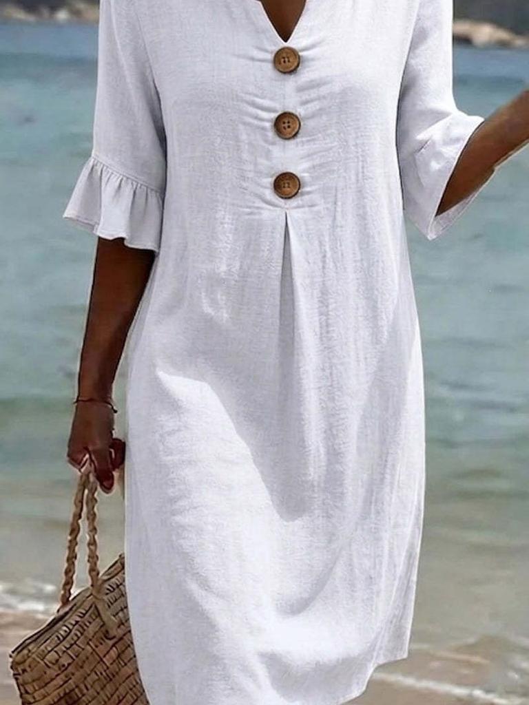 Summer New Cotton Linen V-Neck Buttoned Ruffled Sleeve Dress for Women