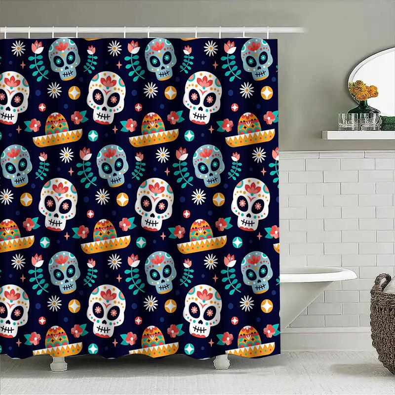 Multicolored Skull Print Shower Curtain For Bathroom Decor Blue Floral Design Polyester Fabric Water Repellent Waterproof Home C