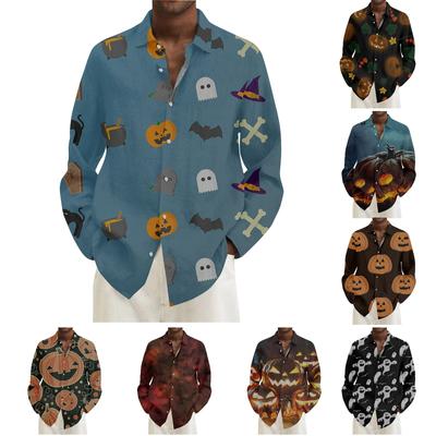 Halloween Print Lapel Long Sleeve Men's Shirt Men's Tops