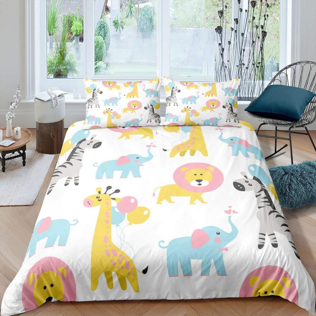 Zoo Theme Duvet Cover Set Animals Pattern Polyester Comforter Cover King Queen Size Cartoon Cute Animals For Kids Bedding Set