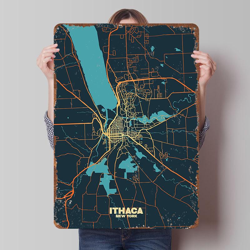 

Ithaca New York Map Metal Poster Customized Wall Art Retro Vintage Tinplate Signs for Bedroom Decoration Room Luxury Home Decor 20x30cm（7.8x11.8inch）