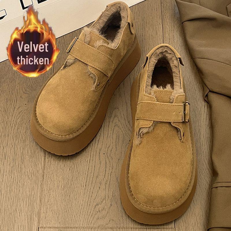 Women's Winter Furry Moccasins: Brown Cotton Slip-On Snow Boots with Thick Soles.