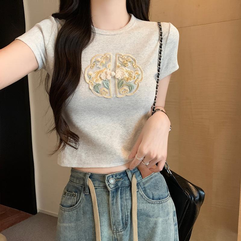 

New Chinese Style Round Neck Short-sleeved T-shirt for Women In Summer New Slim Small Short Sweet Hot Girl Top 2XL серый