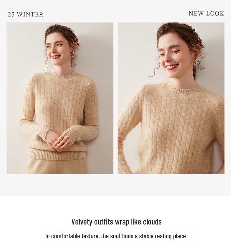 Women's Seven-Stitch Round Neck Cashmere Sweater - Solid Color Pullover, Elegant & Casual Long Sleeve Warm Base Layer