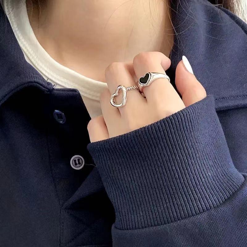 Retro Hiphop Black Heart Ring Jewelry Set Men Women Anillos Aesthetic Anel Accessories Gift