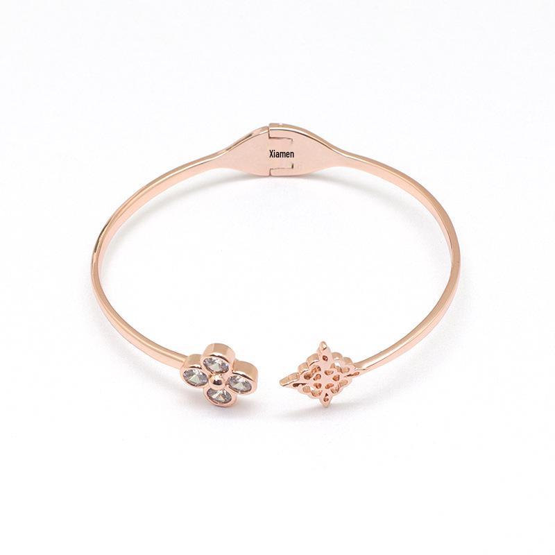 

Женский браслет с бриллиантами в виде четырехлистного клевера - Пружинная застежка, Эластичный открытый браслет-манжета, Японская и корейская мода 18K розового золота