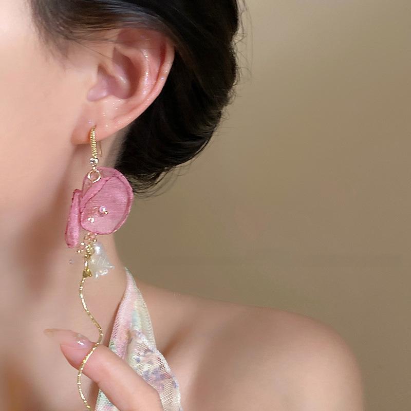 Sweet Fabric Flowers Long Tassel Earrings For Women Sweet Temperament Crystal Drop Dangle Earring Party Wedding Jewelry Gift 2025