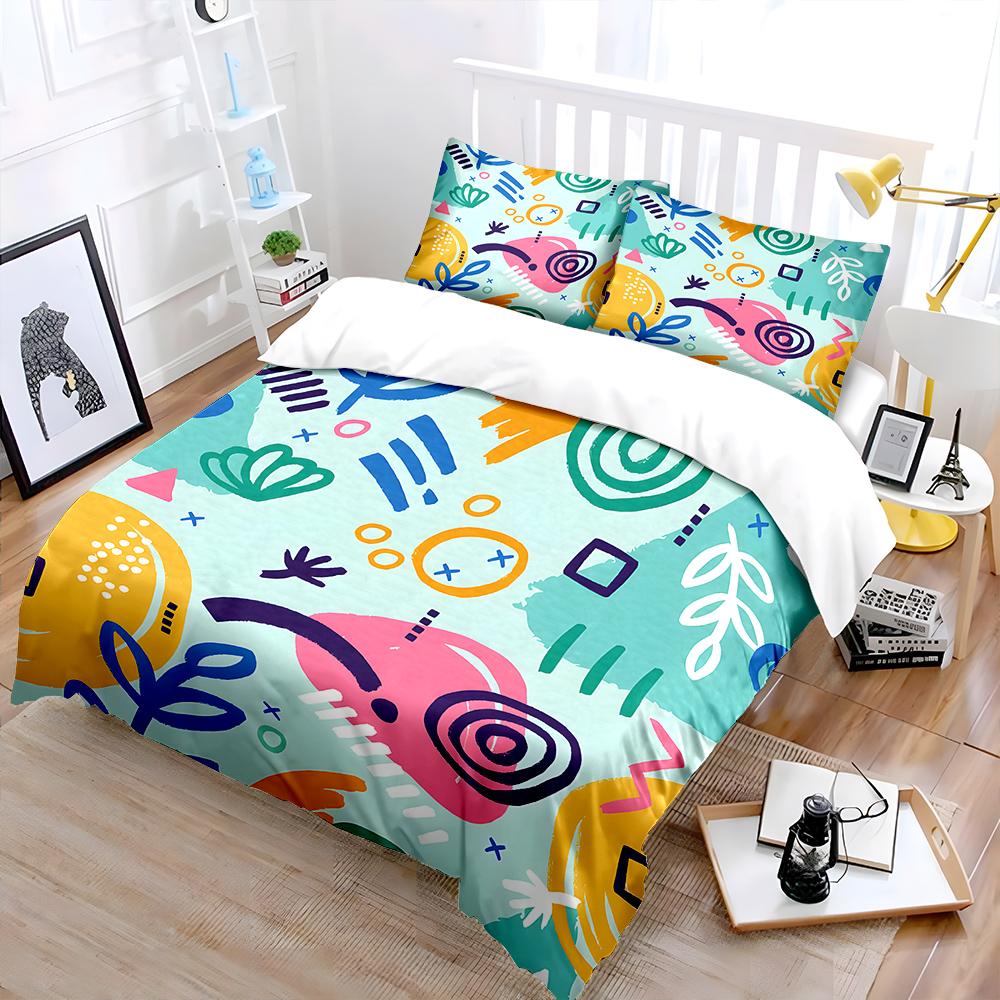 Abstract Hand-Drawn Geometric And Plant Bedding Set For Kids Luxury Gift 3Pcs Digital Print Comforter Set Soft Comfortable (as the picture,EU Twin 135X200cm&set)