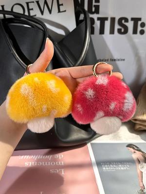 Wholesale Cute Mushroom Real Rex Rabbit Fur Key Chains Girls Schoolbag Toy Pendant Women Bag Charm Ornaments Car Keyring Gift