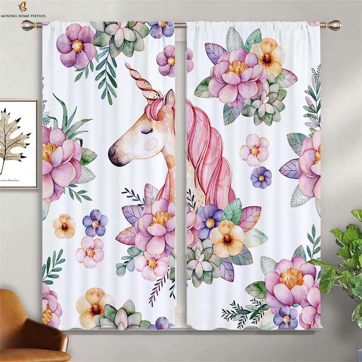 

Розовые шторы с мультяшным принтом радужного единорога, украшение детской комнаты, оконные шторы, легко стирать и ухаживать, 2 штуки W50xH130(CM)x2PCS&Rod pocket