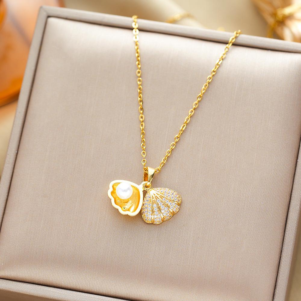 

Luxury Titanium Steel Pearl Necklace With Micro-Set Zircon Pendant Collarbone Chain Elegant Personal Jewelry