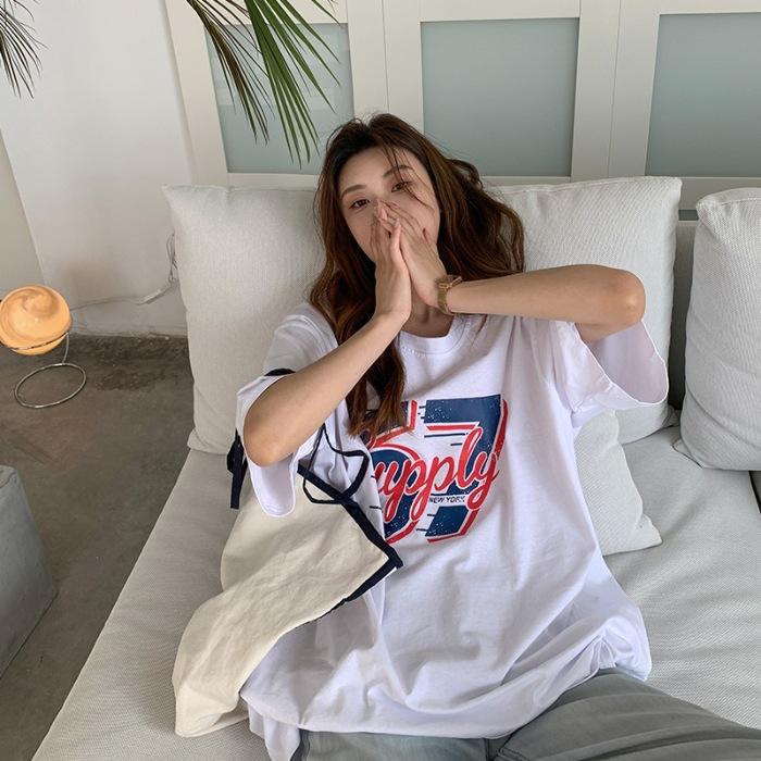 

Pure cotton, summer new loose casual retro letter printing medium and long short-sleeved t-shirt women s trend 3XL білий