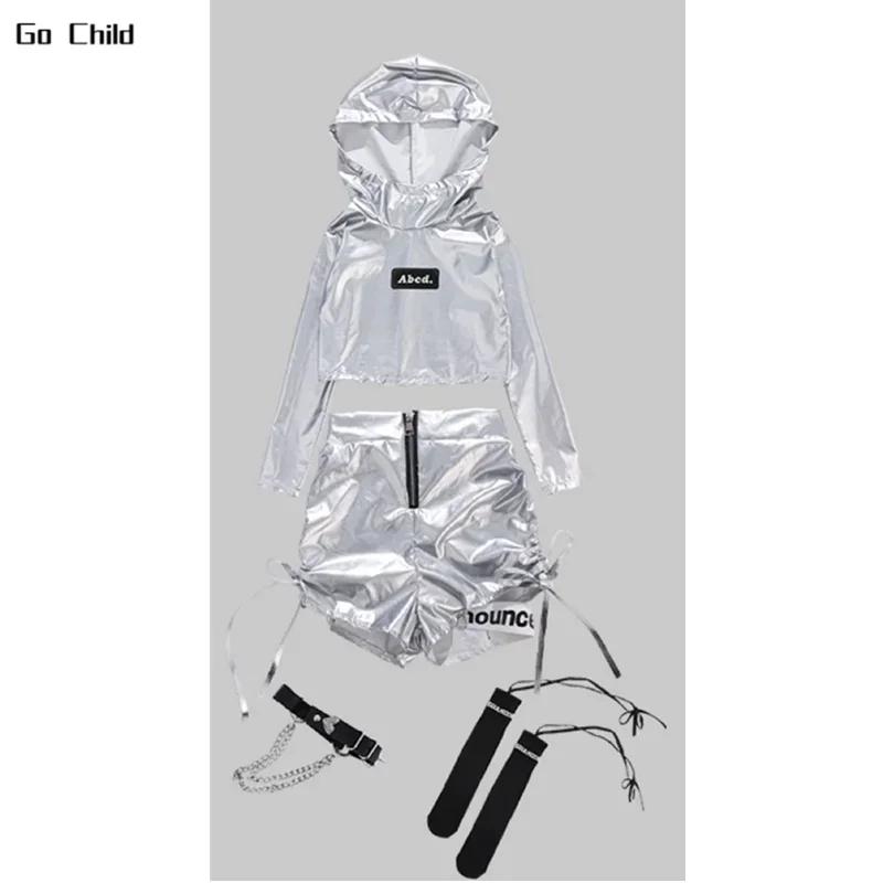 Girls K-pop Silver Crop Hoodies Shiny Cargo Pants Street Dance Shorts Kids Hip Hop Streetwear Children Jazz Hi Tech Clothes Sets