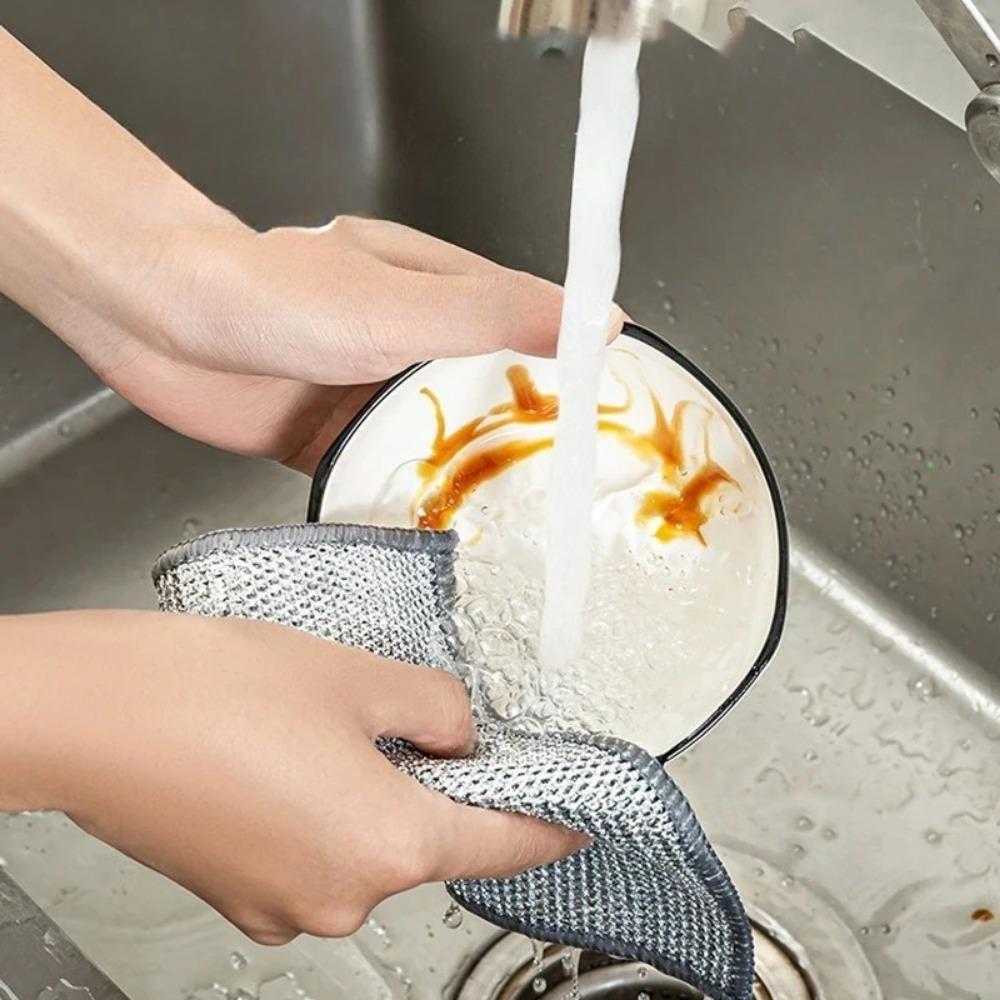 10pcs Magic Dishcloth Silver Wire Cleaning Kitchen Cloth Thickened Microfiber Wash Towel Built-in Sponge Steel Wire Ball Rag