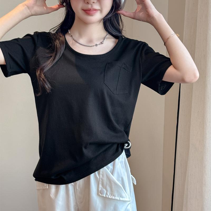 

Black Crew Neck Snowflake Pocket Front Shoulder Loose Short Sleeve Women s Summer Casual Lazy Wind Slim Skinny Bottom Top S (suitable for weight 35-47.5kg )