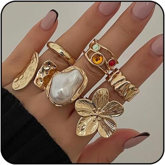 Chunky Gold Rings for Women Non Tarnish Statement Flower Ring Baroque Pearl Stackable Rings Set 6Pcs Chunky Jewelry
