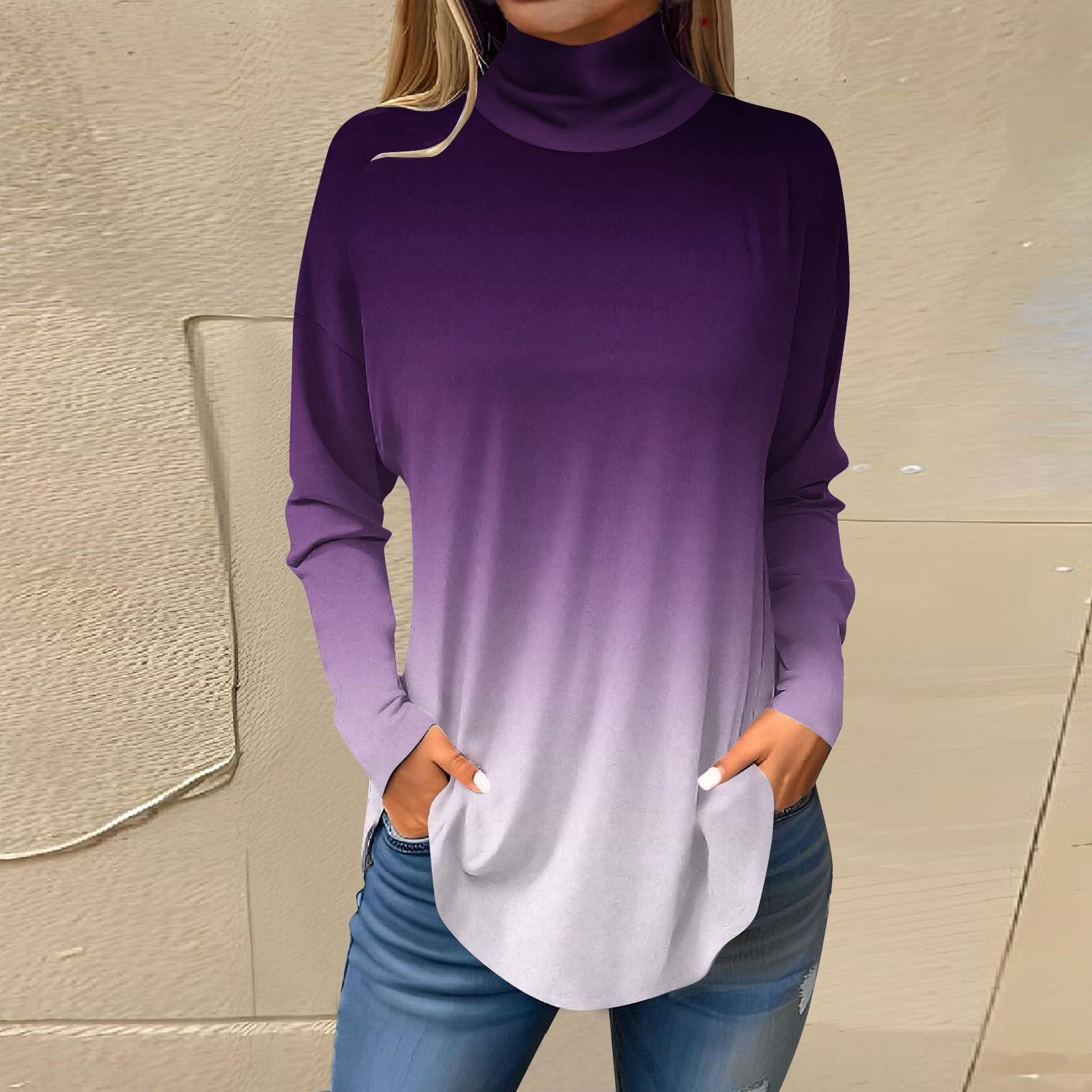 

Футболки для женщин, осенние повседневные рубашки с длинными рукавами, толстовка с винтажным принтом, топ с высоким воротом, пуловер L фиолетовый