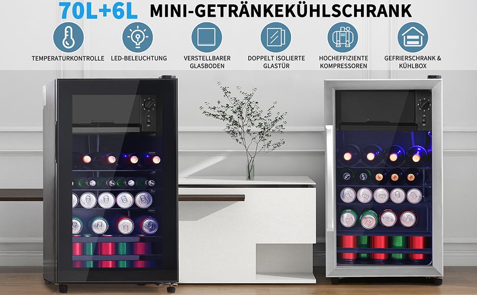 76L Mini Fridge, 6L+70L, LED Light, Holds 51 Cans Lemonade, Water, Beer or Wine, Compressor Cooling System, Energy-Efficient, Adjustable Shelves