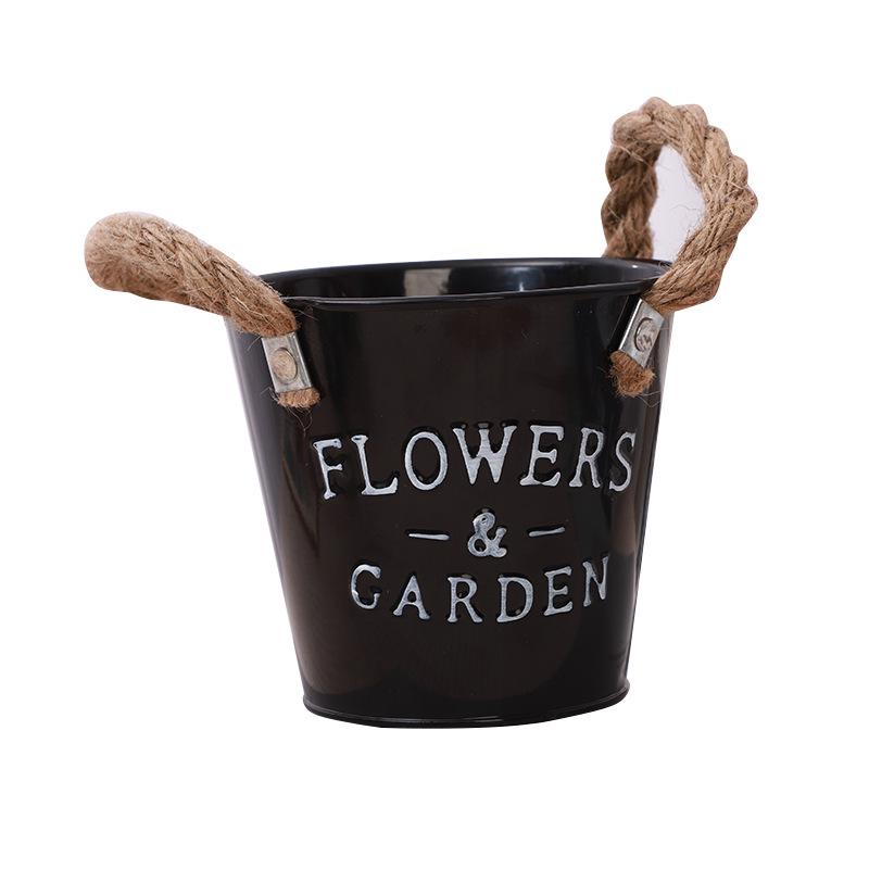 Tin Flower Pot with Hemp Rope Succulent Holder - European Pastoral Wrought Iron Bucket