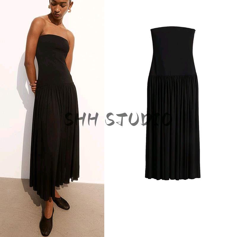 Spring New Women Clothes European and American Simple Style Tube Top Sleeveless Long Mini Dress 1239043