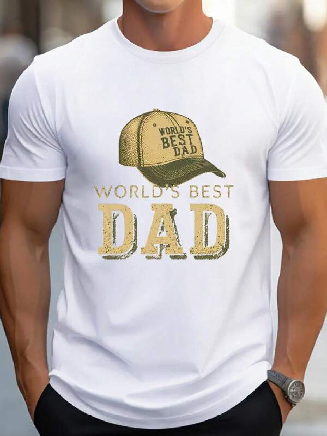White 100% Cotton Short Sleeve T-shirt -  World s Best Dad  & Hat Graphic Print L