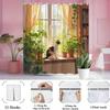 Cute Cat With Green Plants By Window Shower Curtain Machine Washable All Season Waterproof Privacy Protection Nature Designcozy