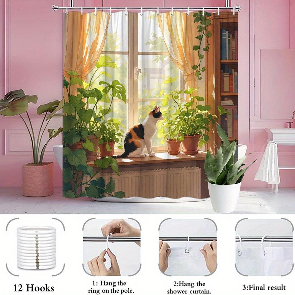 Cute Cat With Green Plants By Window Shower Curtain Machine Washable All Season Waterproof Privacy Protection Nature Designcozy