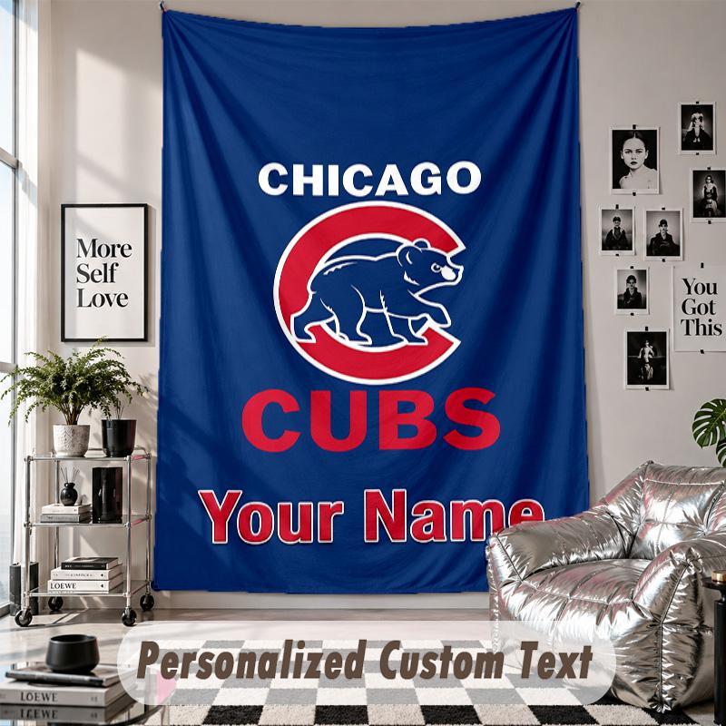 Vægtæppe med personligt navn og tekst, Chicago Cubs dekorativt vægtæppe til soveværelse