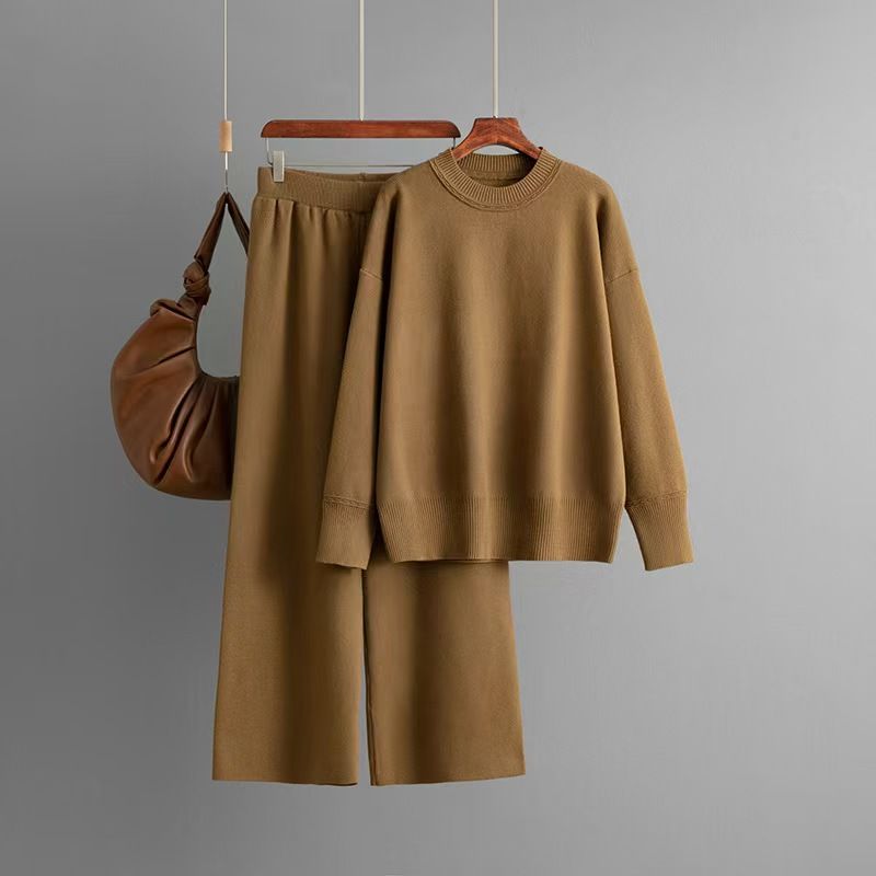 Fashion Fashion Pure Color Knitting Sweater Loose Pants Suit Knited Sweater and Pants Set
