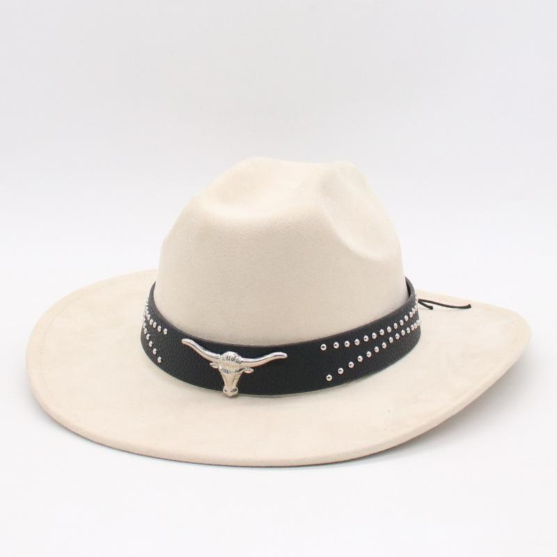 

New Cross-Border European, American And Western Hemming Denim Felt Hat Celebrity Style Metal Bull Head High-End Woolen Jazz Top Hat one size j