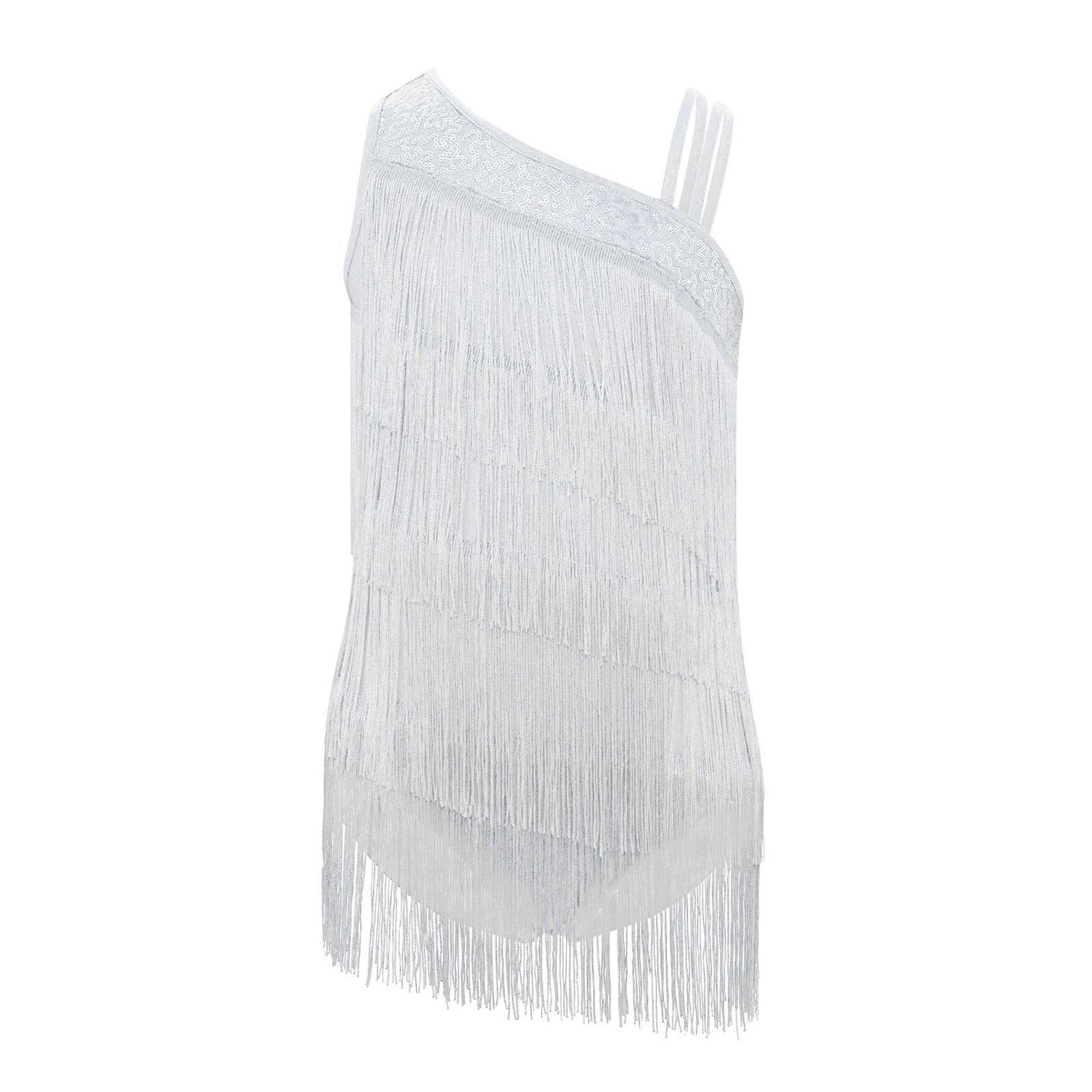 

Дівчачий сучасний костюм для бальних танців, без рукавів, ярусні китиці, леотард, асиметричний дизайн, одяг для латиноамериканських танців, сальси 5-6 Years білий