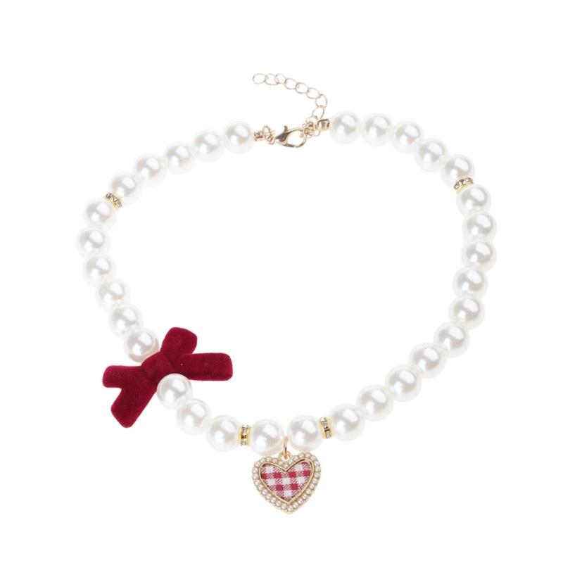 Dog Cats Pearls Necklace Handmade Pet Long Elegant Bowknot Pattern Necklace for Everyday Wear and Pet Gatherings