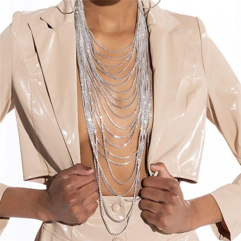Men's Rhinestone Chest Chain Layered Tassel Body Jewelry for Club Party Dancing