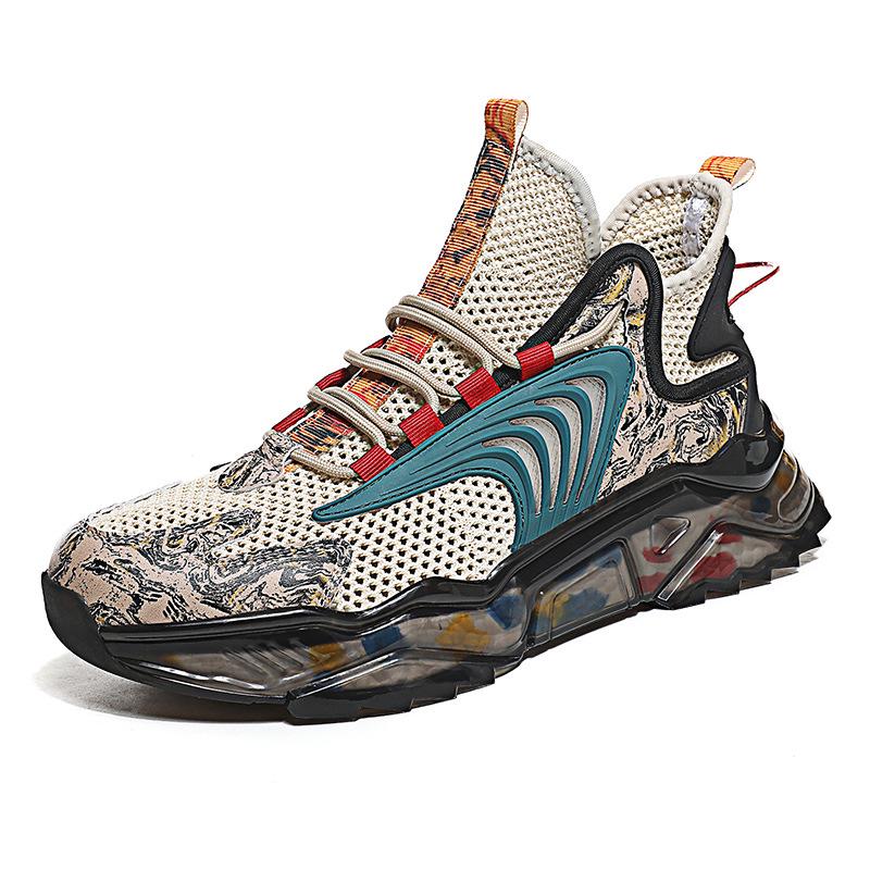 Spring & Autumn Men's Mesh Knit Sneakers - Fashionable, Breathable Mid-Cut Casual Shoes with National Trend Design.