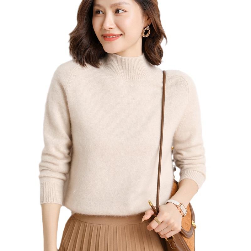 Women's Cashmere Saddle Shoulder Pullover - 2024 Autumn/Winter Thick Knit Half-High Neck Sweater