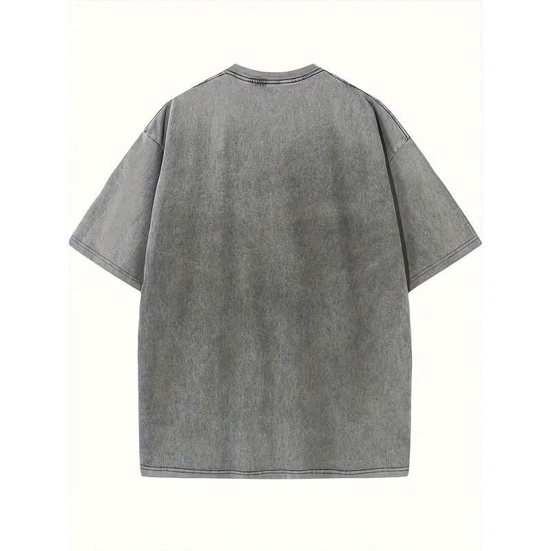 European Size Tractor Farming Print Distressed Men'S Washed T-Shirt, Loose Fit, Crew Neck, Short Sleeve, Suitable for Leisure, Outdoor Sports
