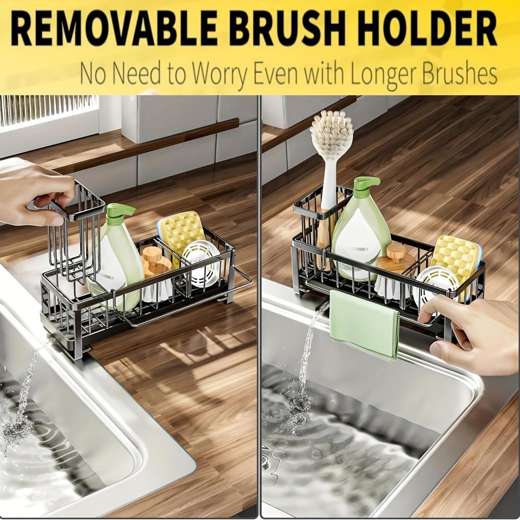 Sponge Holder for Kitchen Sink, Plastic Auto Draining Kitchen Sink Organizer, Sink Caddy with Removable Brush Holder
